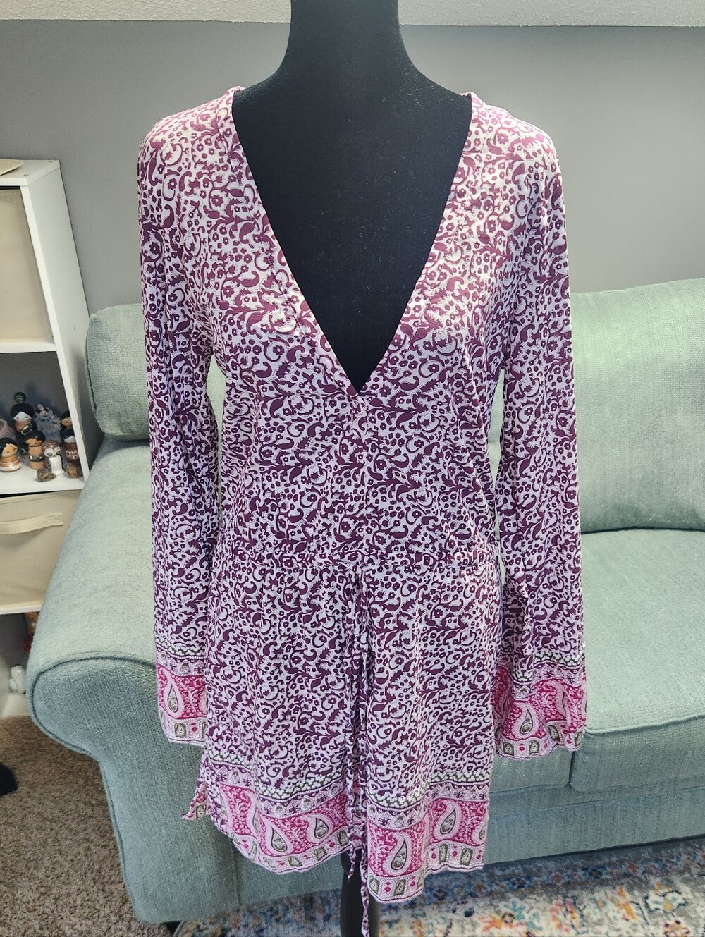 Athleta V-Neck Paisley Print Dress in Plum & Pink Small Drawstring Waist Cotton!